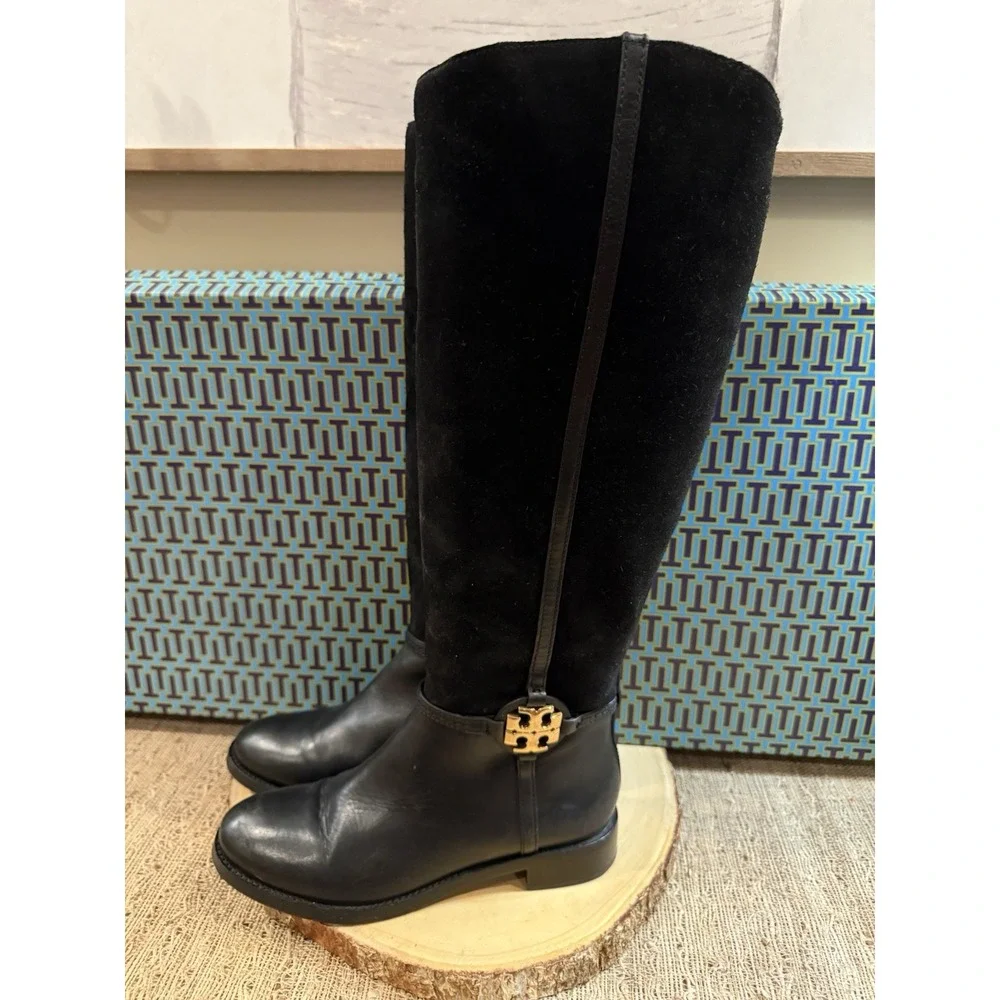 TORY‎ BURCH Miller Knee Riding Boot GOLD LOGO LEATHER SUEDE BLACK Sz-7.5 550$